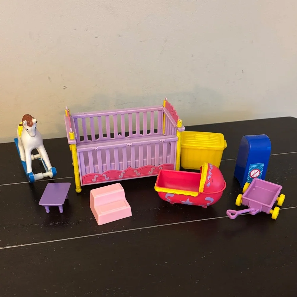 Vintage Kid Kore Dollhouse Furniture Lot | Crib Rocking Horse Wagon | 8pc Set